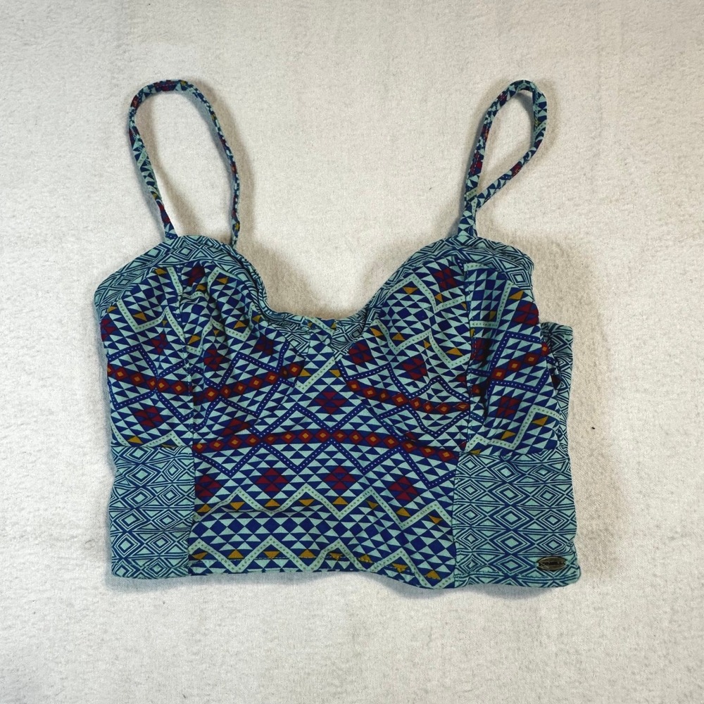 Y2K 00s O'neill Spaghetti Geometric Print Bustier Crop Top Blue XS Smocked